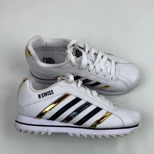 K-Swiss White Gold metallic iridescent Sneakers with Stripes Size 8.5 womens